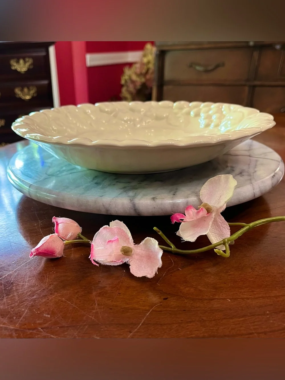 VTG Claire Burke Pottery Raised Fruit Design Ivory Serving Bowl Platter 10.5